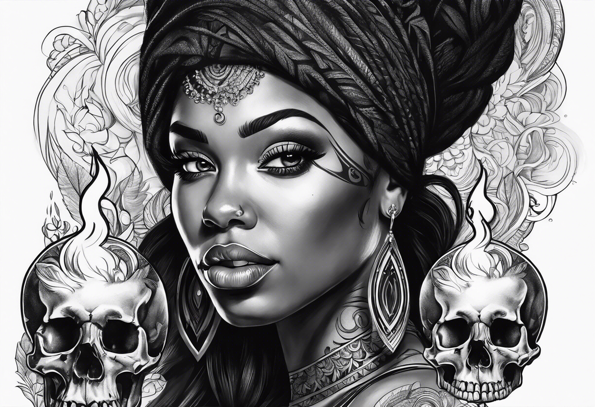 black women portrait with skull and burning candle tattoo tattoo idea