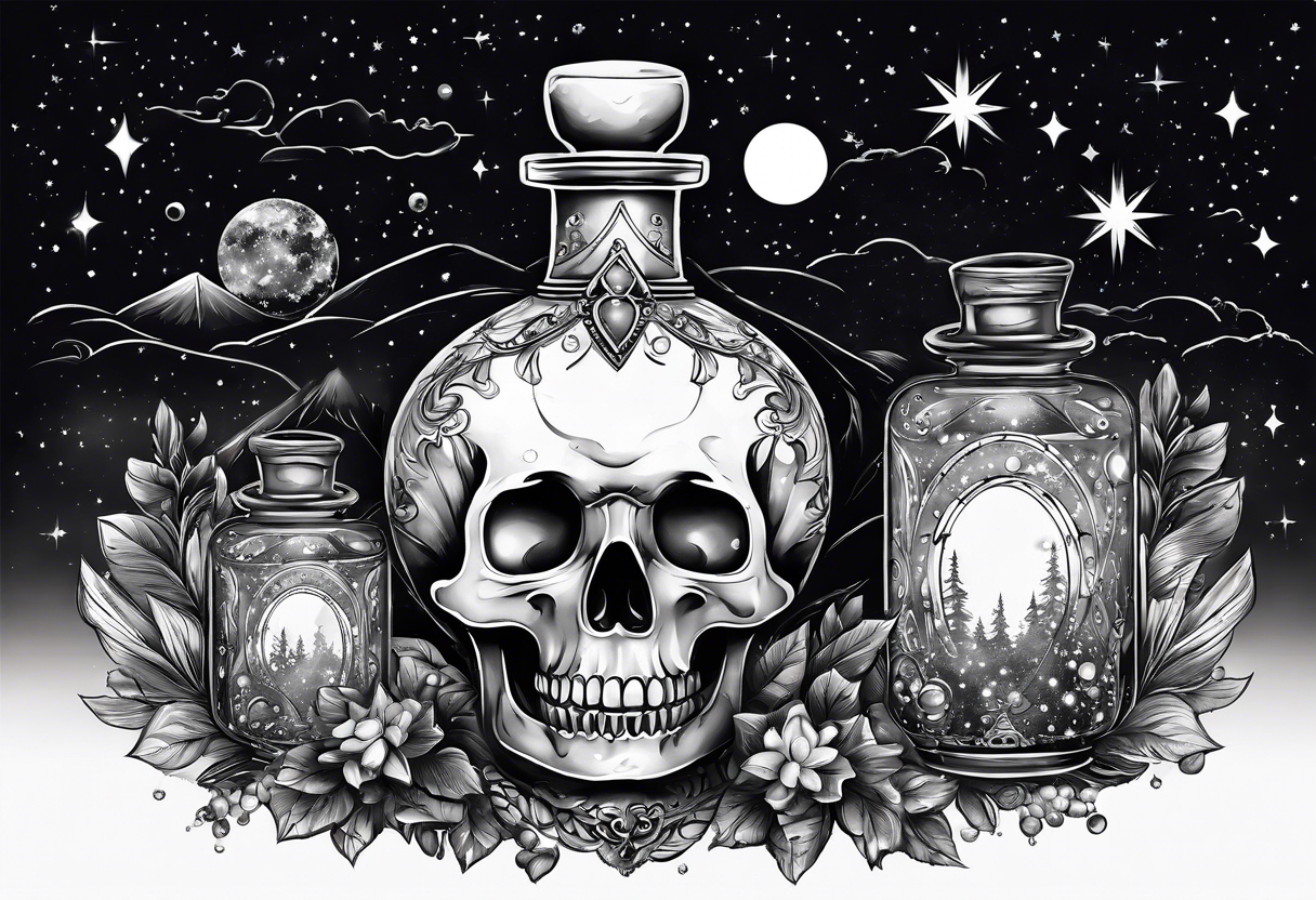 A potion bottle with crystals inside the bottle. The back of the night sky tattoo idea