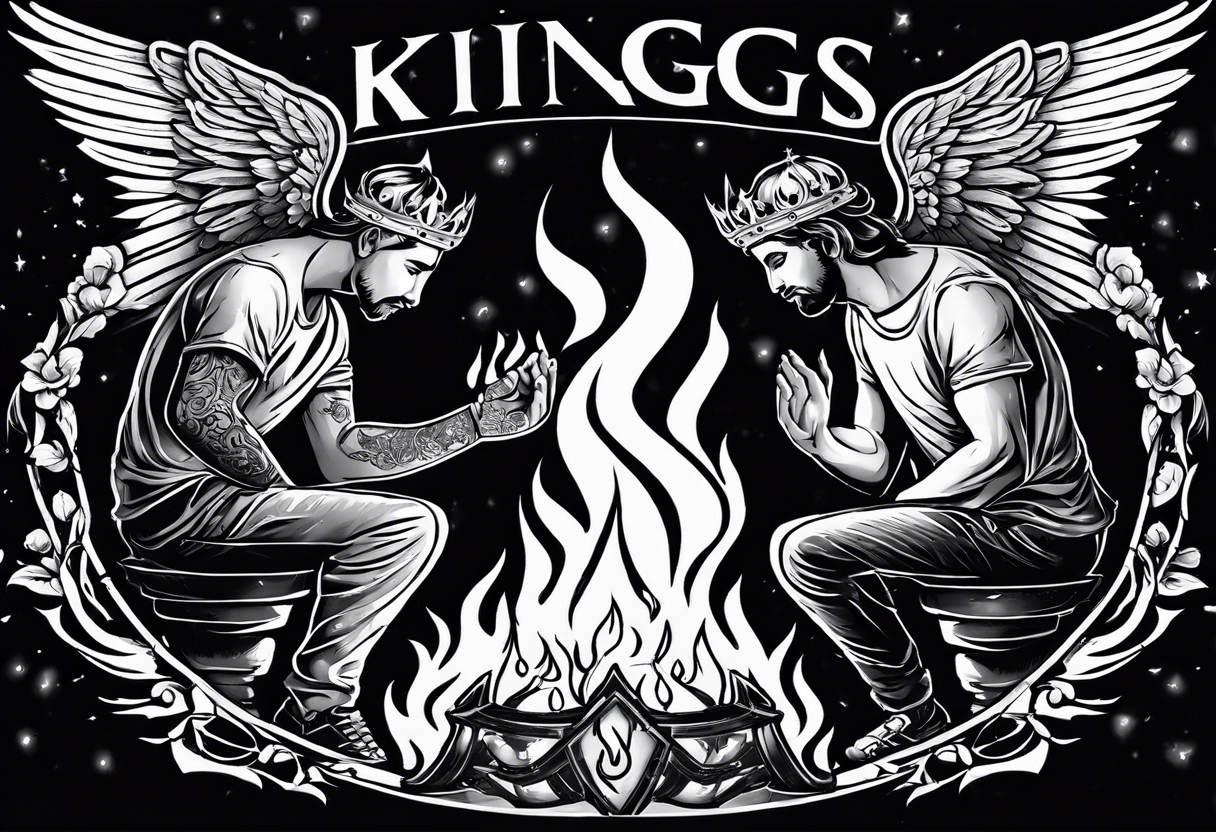 3 men holding hands in a big fire pit with an angel in the background with the word kings on top of it with a crown on top of that tattoo idea