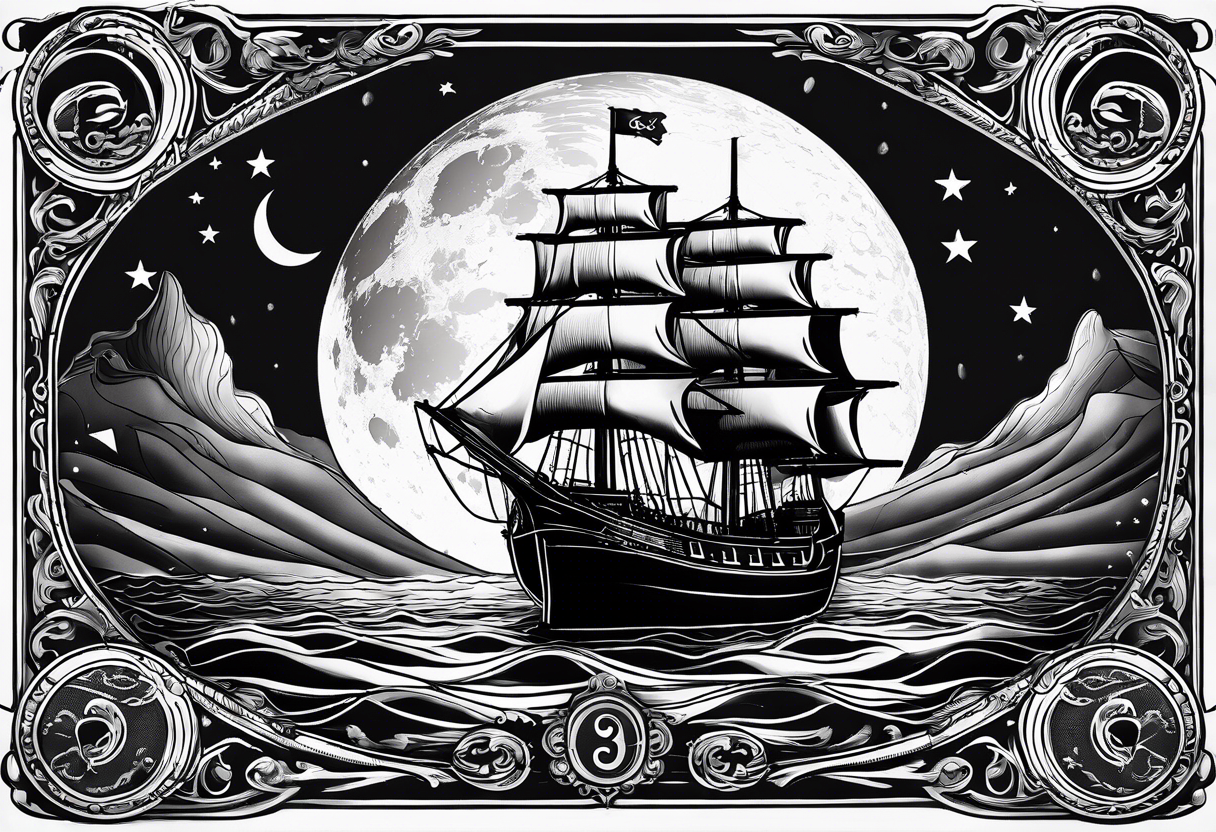 A Portuguese and a German flag with a Portuguese ship caravela in the middle on a dark night with a big moon light tattoo idea