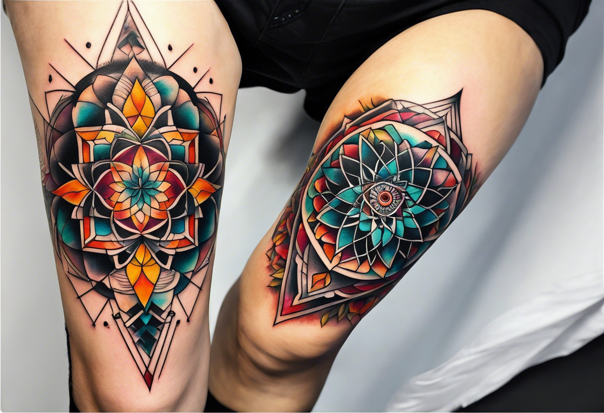 knee tattoo with sacred geometry, swirls & washes, background and in fall colors tattoo idea