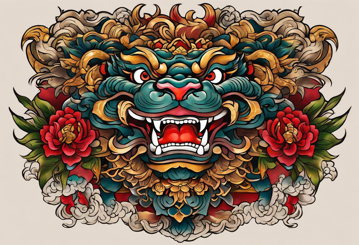 Double chest piece, done in Neo Japanese style of Okinawa shisa. On one side is the male with his mouth open, and the other side, the female with her mouth closed. tattoo idea