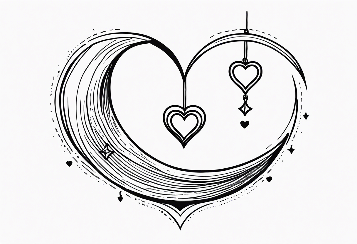 Crescent moon with a love heart inside it and 4 hearts dangling from it tattoo idea