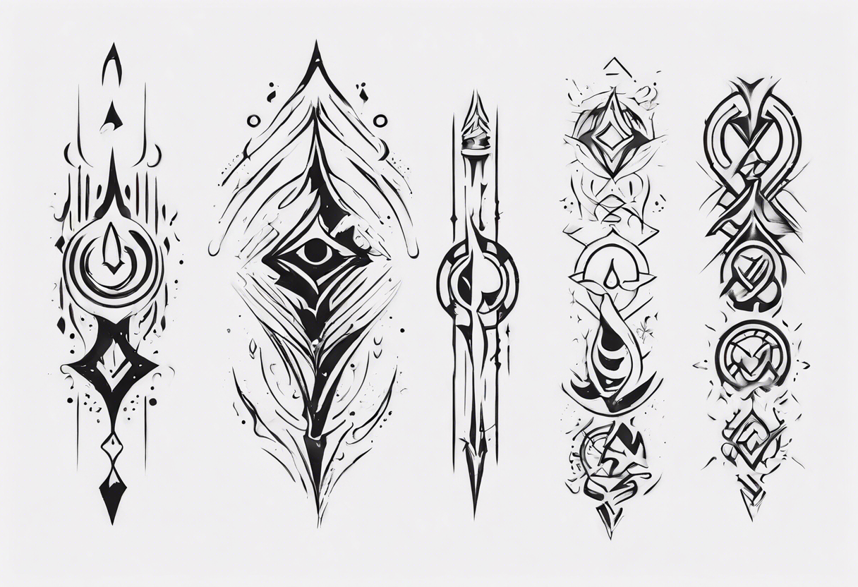 Generate a vertical tattoo design that incorporates abstract shapes and symbols to represent personal growth and evolution, suitable for placement on the back of the forearm tattoo idea