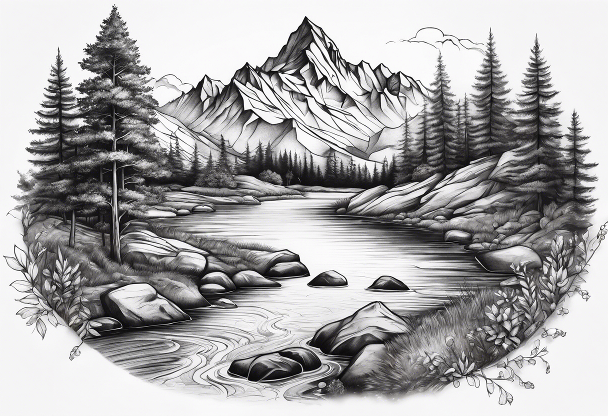 mountains, stream and nature tattoo idea