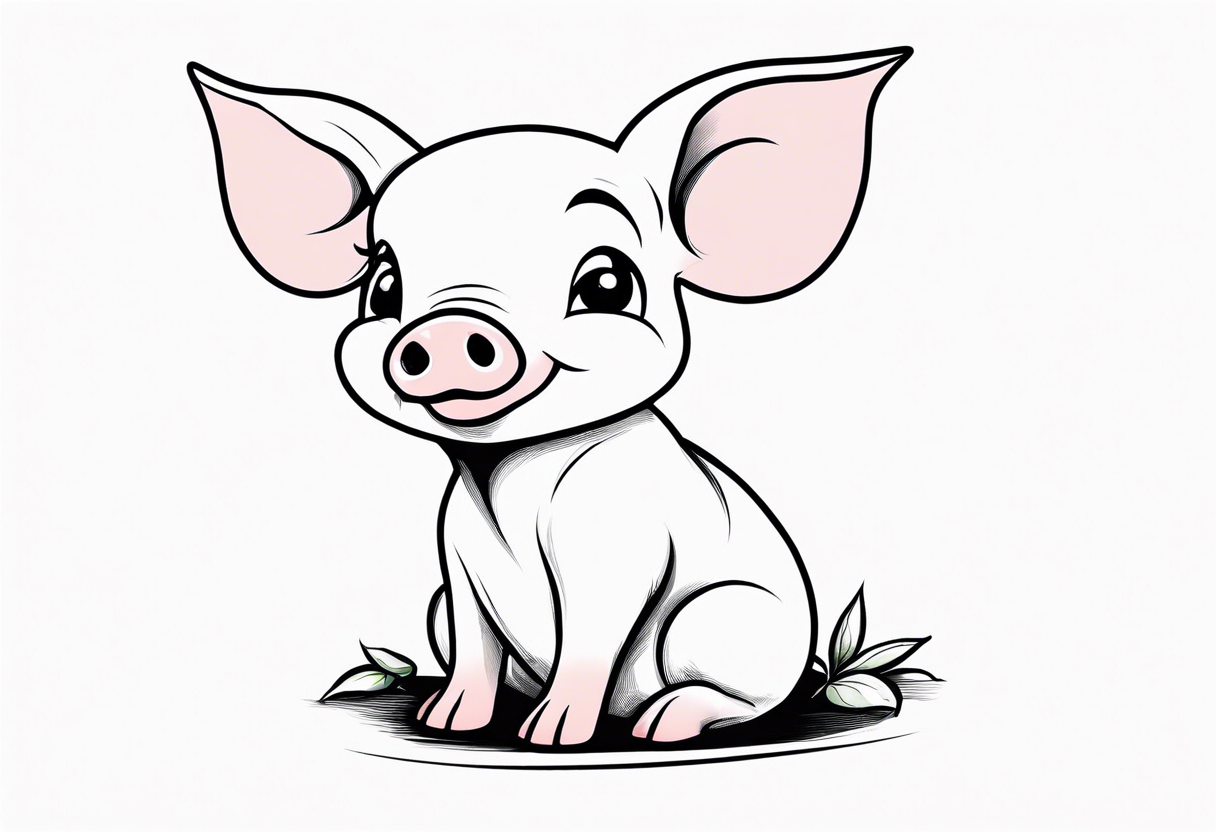 cute simple piglet sitting on bum. big eyes, small/floppy ears. draw with very thin lines minimal shading, black and white only, with text "friends not food", white background tattoo idea