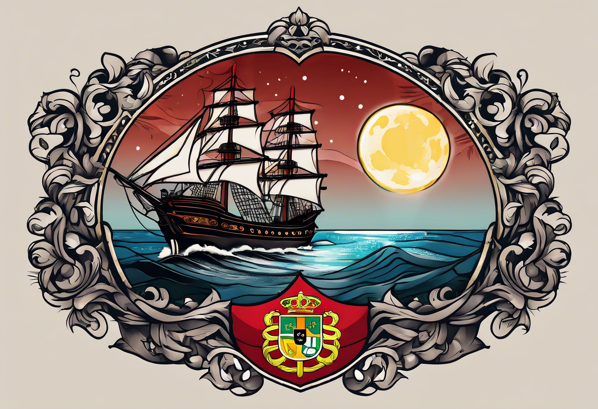A Portuguese and a German flag with a Portuguese ship caravela in the middle on a dark night with a big moon light tattoo idea