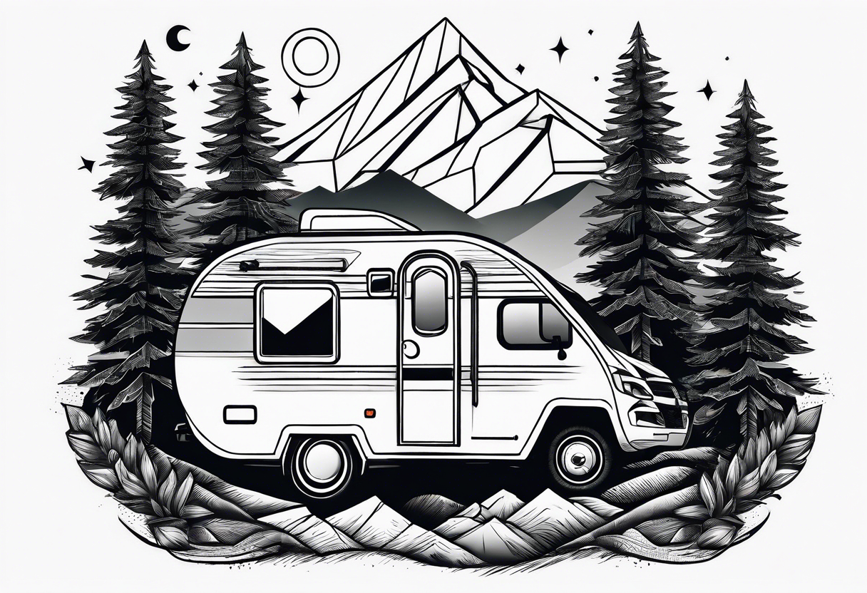 geometric mountains with an camper trailer 
and trees tattoo idea