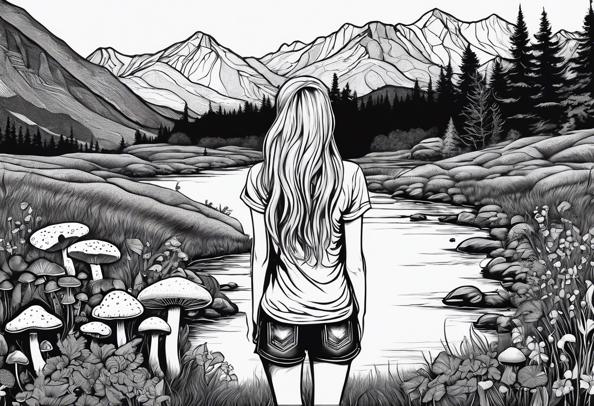 Straight long blonde hair hippie girl in distance holding mushrooms in hand facing away toward mountains and creek surrounded by mushrooms tee shirt hiking pants

Circular picture tattoo idea