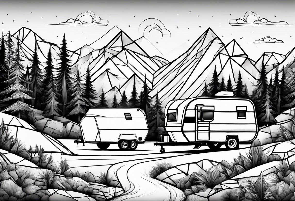 geometric mountains with an camper trailer 
and trees tattoo idea