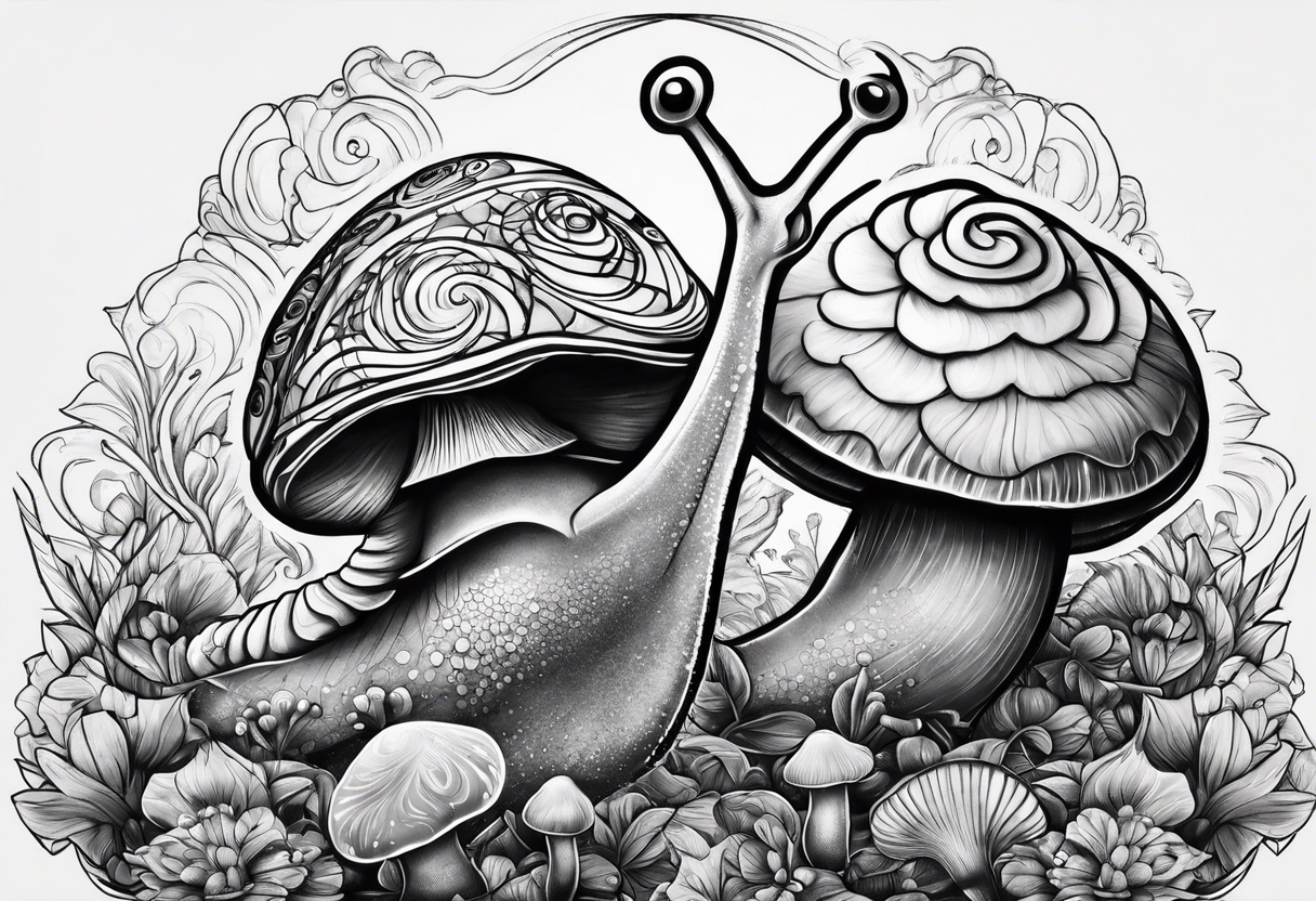 two opposite snails on mushrooms tattoo idea