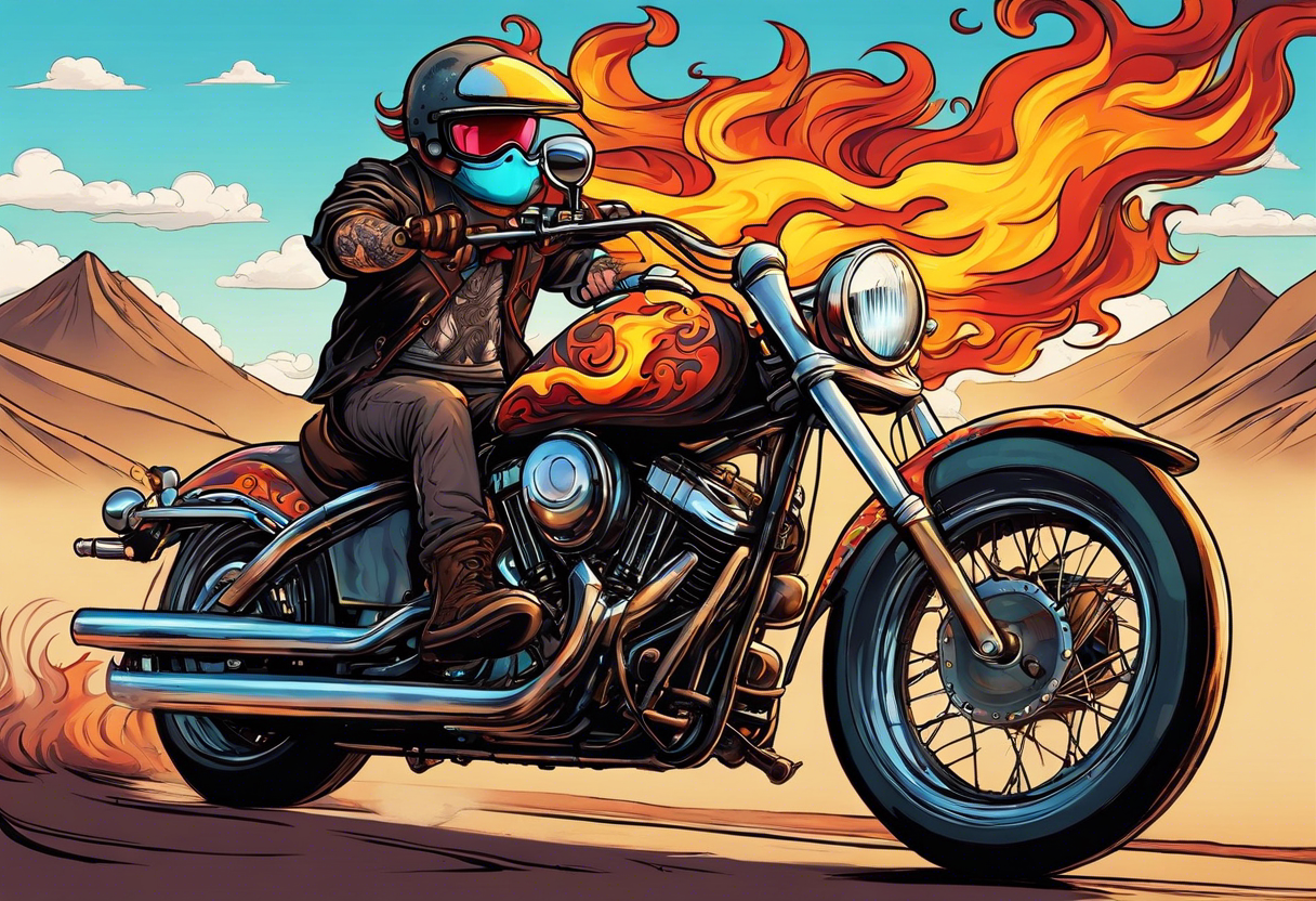 A single eyeball with arms & legs & a mustache riding a motorcycle with flames coming out the pipes. The rider should be face on and there should be a desert scene in the background tattoo idea