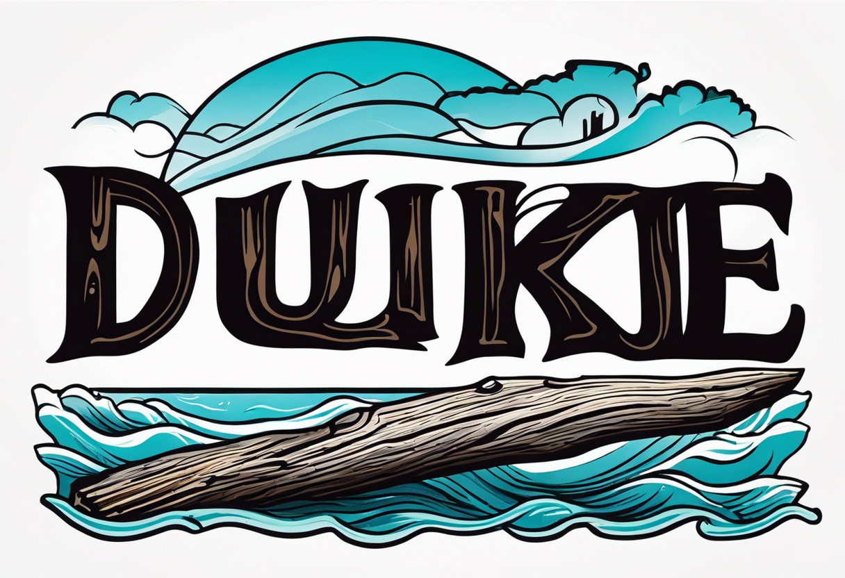 piece of driftwood underwater with the word duke scribed into the wood tattoo idea