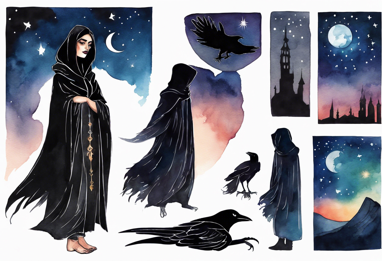 Watercolor of a Persian woman with a black cloak, standing before the night sky, a raven on her shoulder tattoo idea