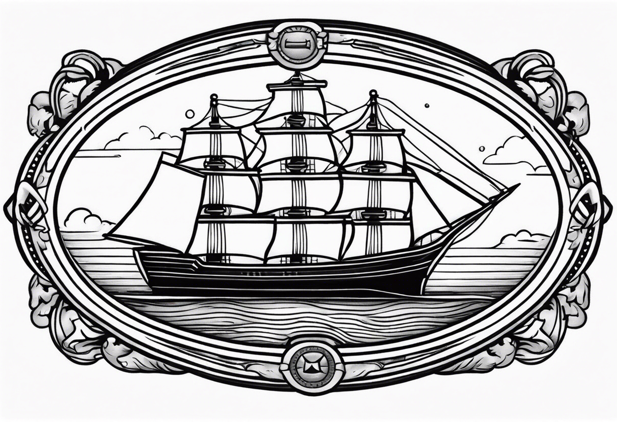 american traditional ship. oval border long wise, tattoo idea