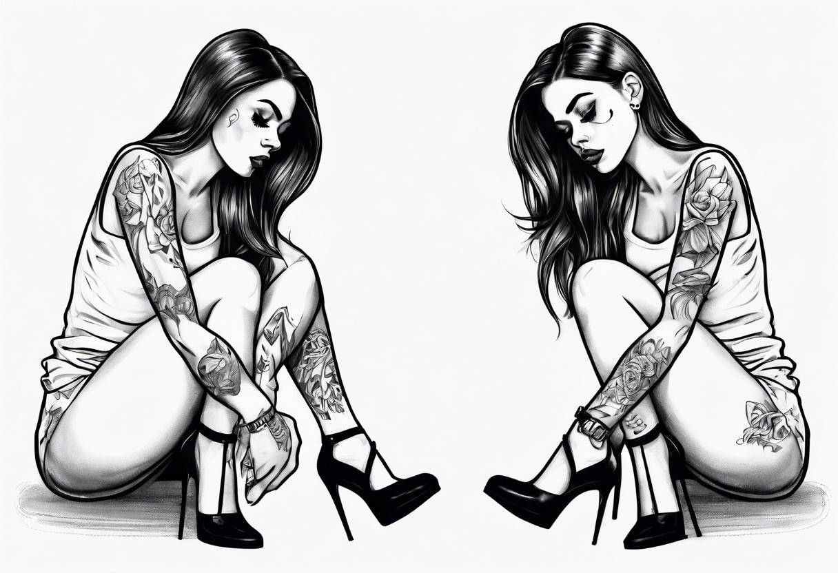 A girl in heels sits on the floor, leaning on her feet, with two legs wide open tattoo idea