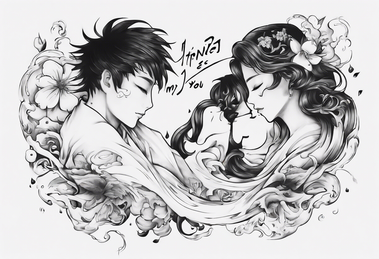 “ I think the meaning of my happiness is you” lyrics with hints of water movement, true love tattoo idea