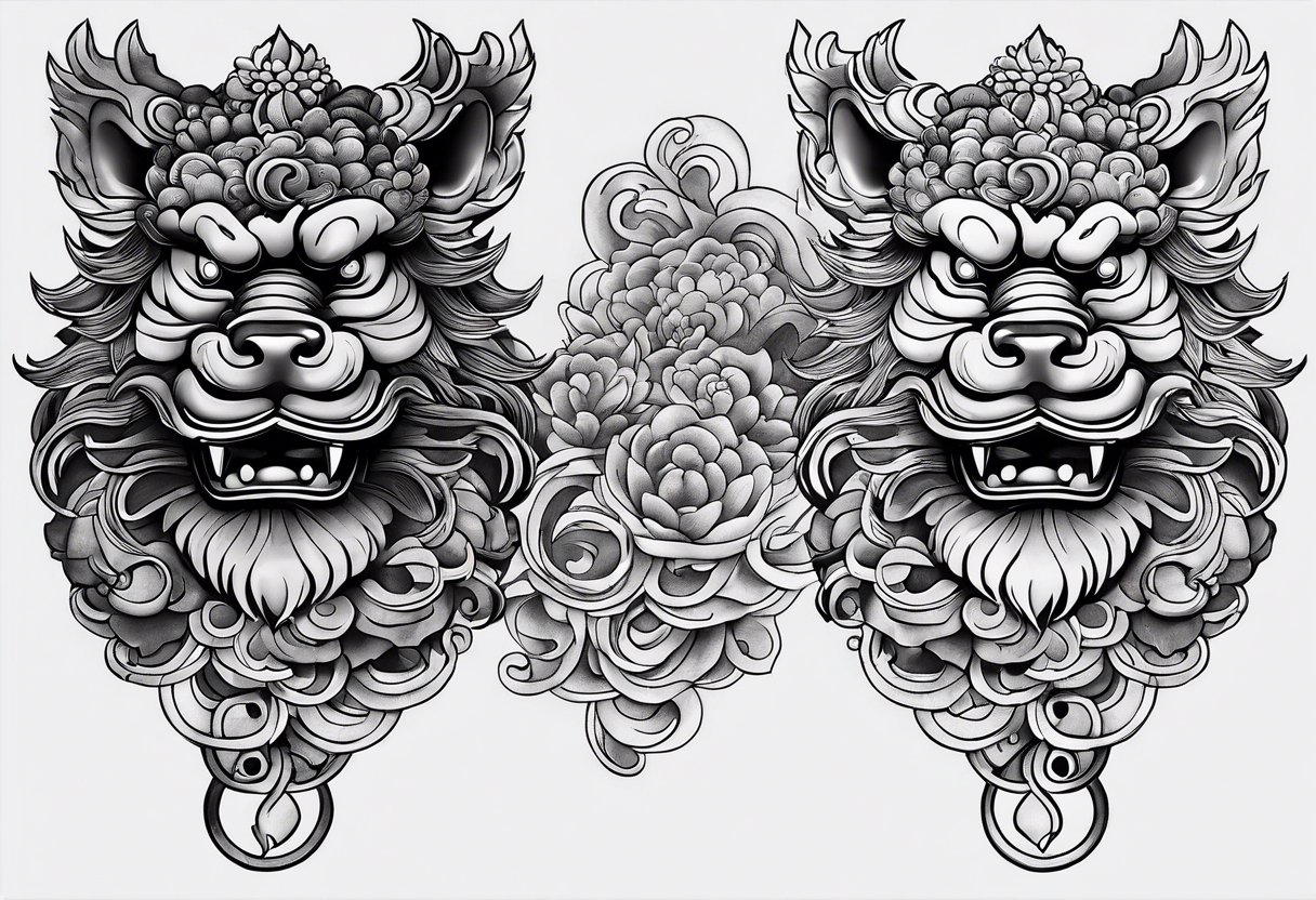 foo dog, powerful, with three eyes, coins around him tattoo idea