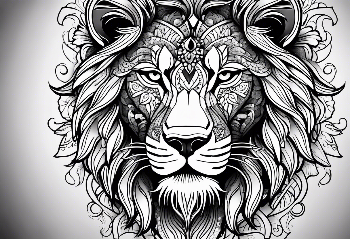 Half lion face half ornate mandala tattoo idea