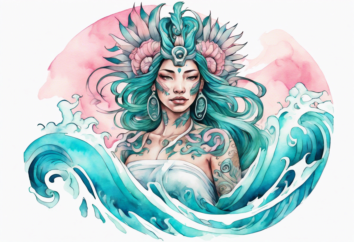 a turquoise and white and pink Quetzalcoatl-woman hybrid with beautiful eyes emerging from the blue waves of the ocean tattoo idea