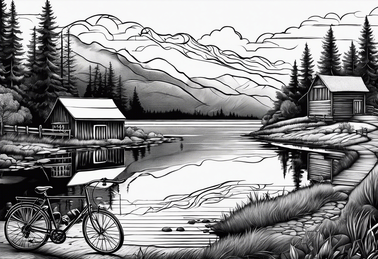 road 
cycling against the backdrop of  a beautiful, serene lake tattoo idea