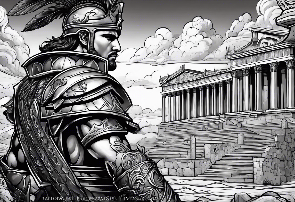 Romain Gladiator full sleeve right arm. Can have Roman buildings, sunset, clouds, fire (no animals) tattoo idea