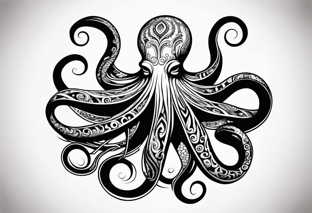 Hawaii tribal octopus with thick lines, less detail, and water waves tattoo idea