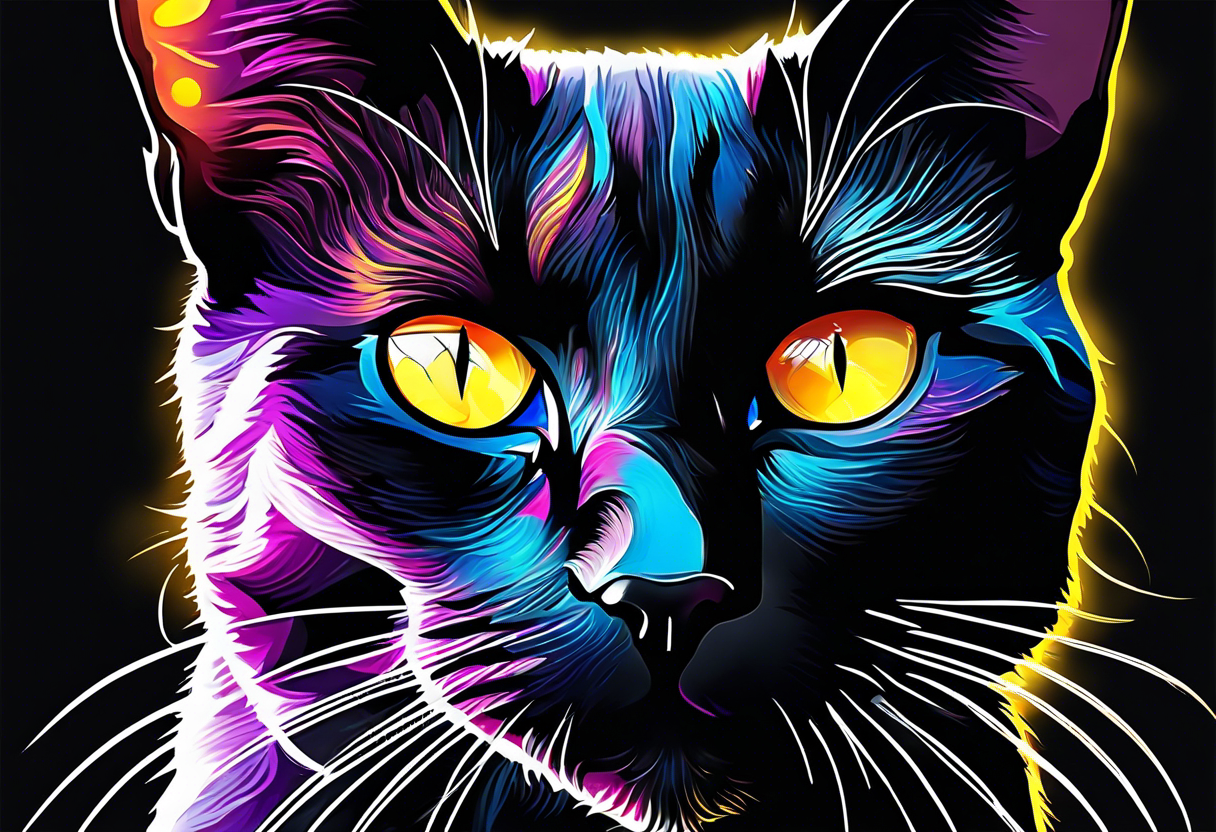 Black Cat with yellow eyes, colorful nebula in background tattoo idea