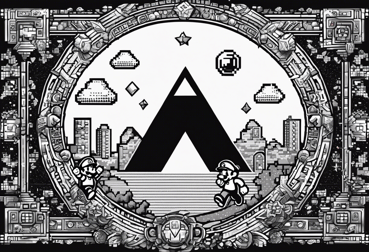 pixel art representations of Mario jumping, a Pokeball opening, the Triforce, the Vault Boy giving a thumbs up arranged in a dynamic composition tattoo idea