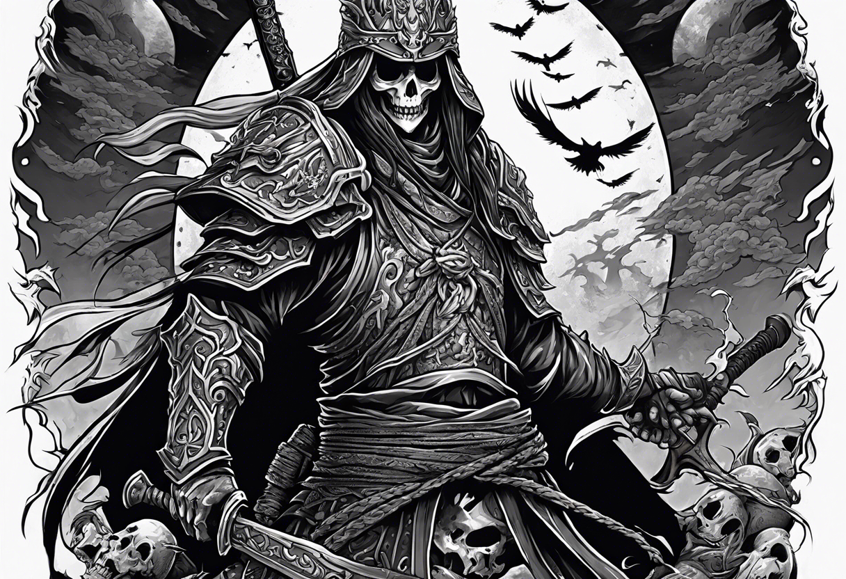 Undead Lich necromancer raising an army of the dead from the souls of dead samurai warriors on a battlefield tattoo idea