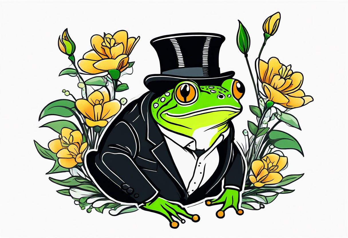 Cute Frog smiling wearing top hat and a suit standing on its Back legs while holding flowers tattoo idea