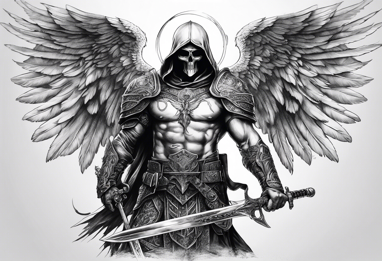 realistic full body of man angel of death, without face, with armour, holding sword in right hand tattoo idea