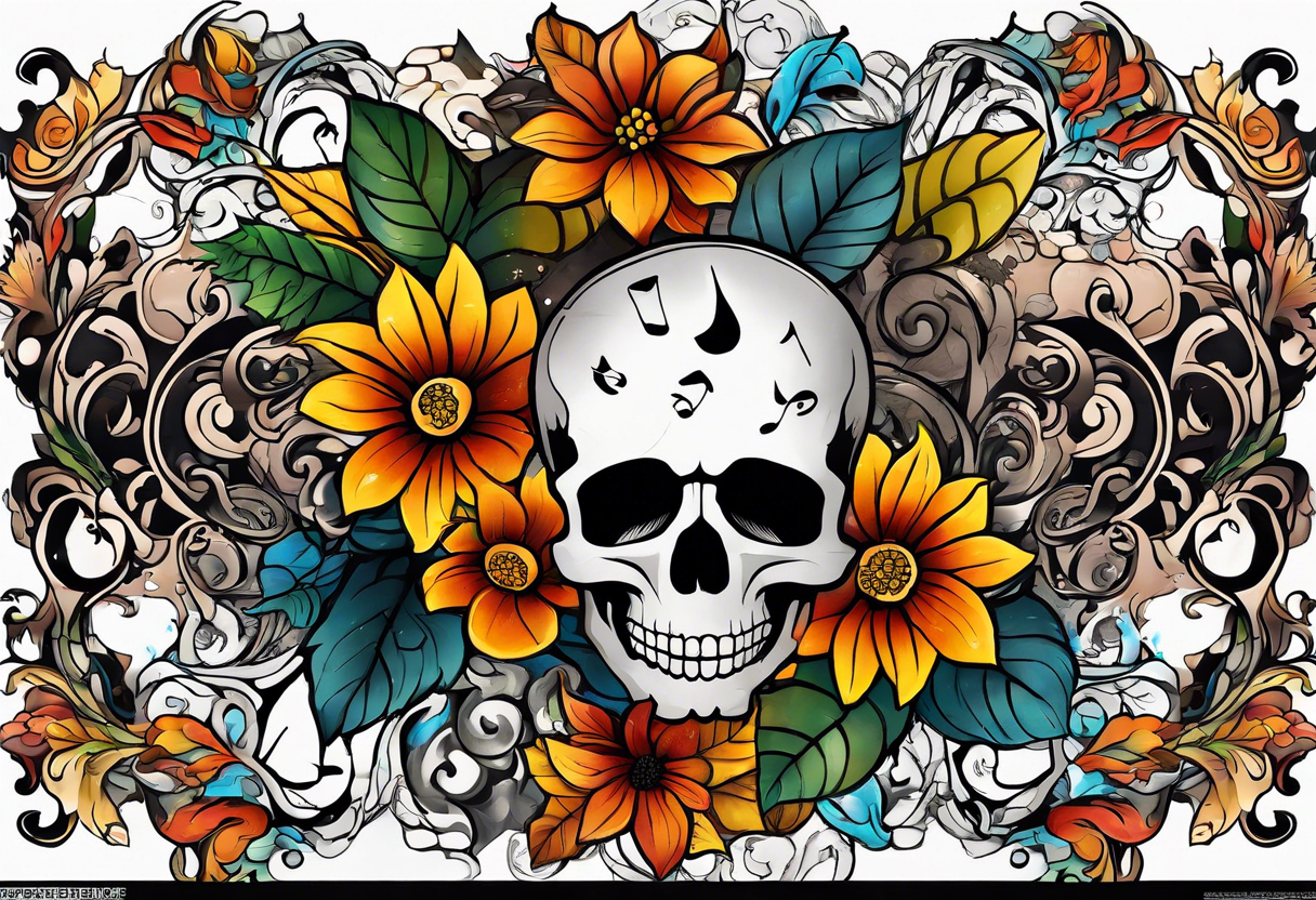 arm sleeve with fall colors, flowers, water flow shapes, leaves and various natural shapes, music notes, skulls tattoo idea