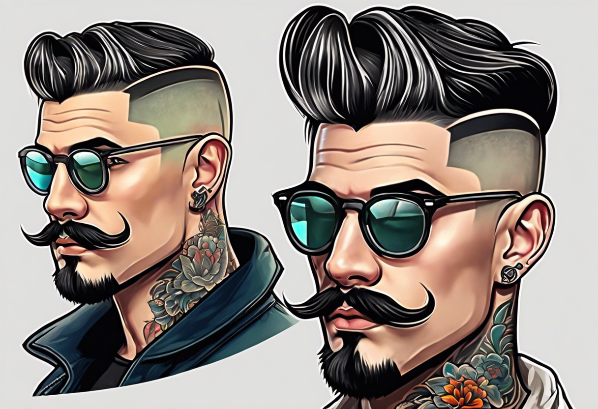 Attractive Male, slim oval face, sunken eyed, Short mustache, tools, ray-bans, no hair on sides and pony-tail on top, mechanic tattoo idea