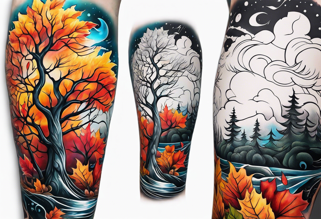 Knee tattoo with fall colors showing leaves, water flow, trees and sky tattoo idea