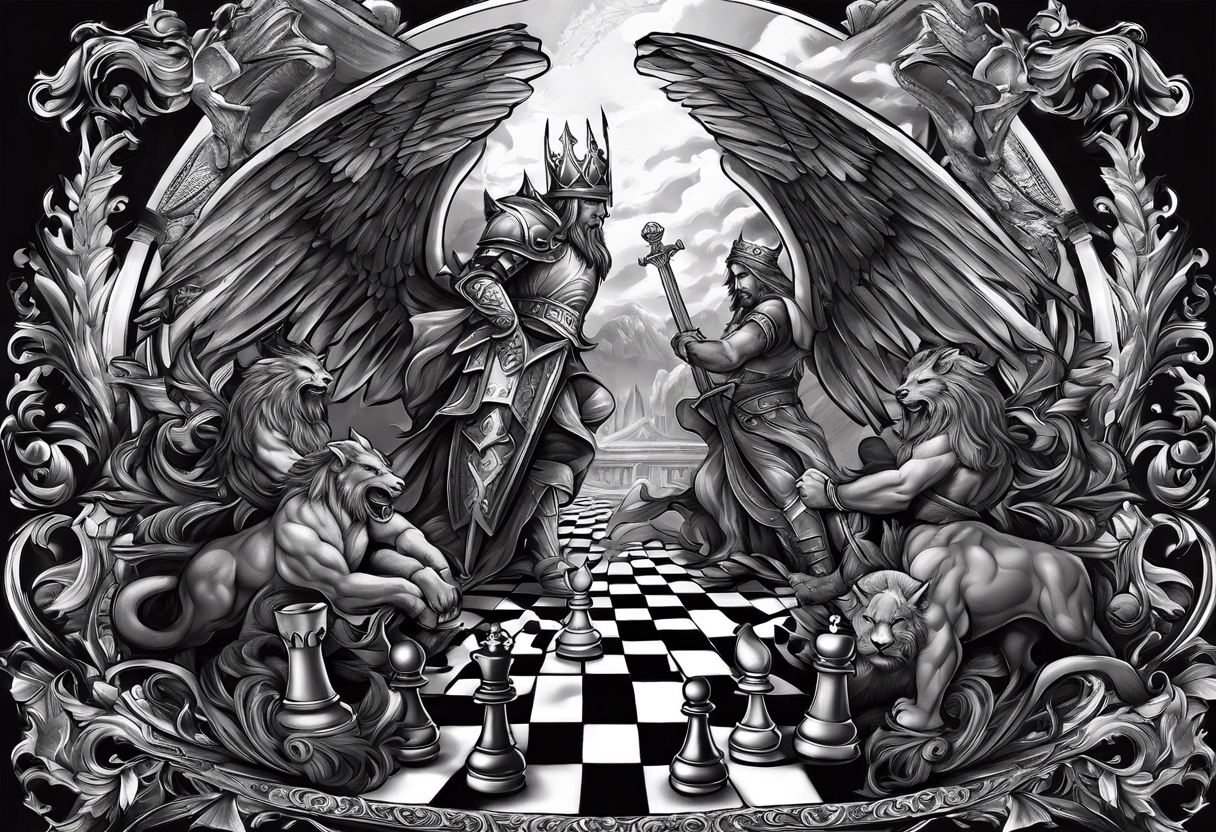 Illustrate a powerful scene where the angelic king checkmates the demonic king, symbolizing the triumph of good over evil in the strategic game of life. tattoo idea