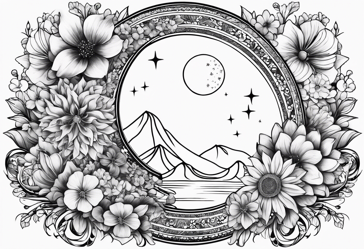 Crescent moon shrouded in pretty flowers tattoo idea