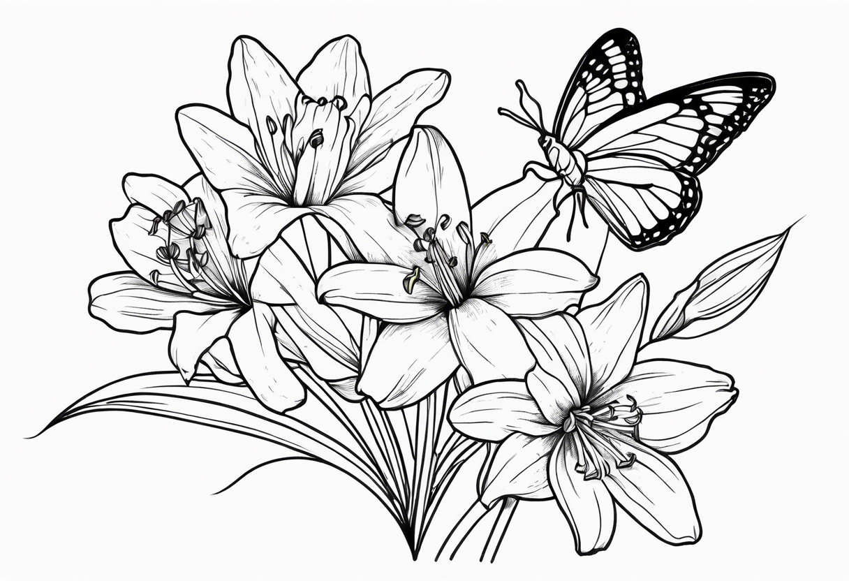 Fine line 
lily daisy and daffodil bouquet with butterfly 6-8 inches bi tattoo idea