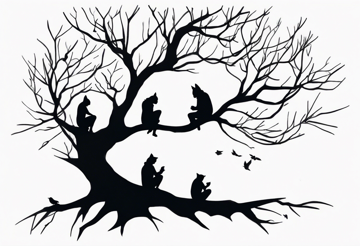 faceless, dark creatures sitting on a branch of a tree tattoo idea