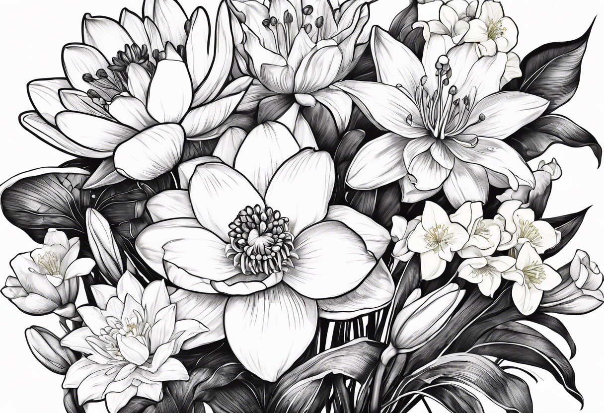 Water Lily, Lily of the Valley, Narcissus, and Gladiolus bouquet for vase tattoo idea