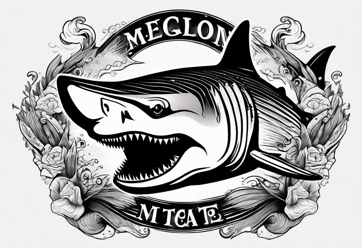 megalodon ni text vertically with the cute shark and the water wrapping around the text tattoo idea