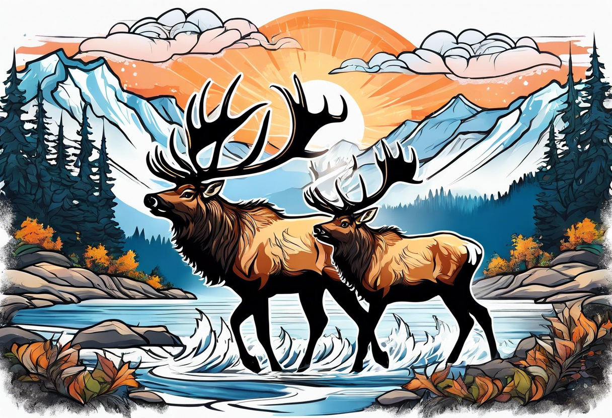 two elk fighting with mountains and stream in background tattoo idea