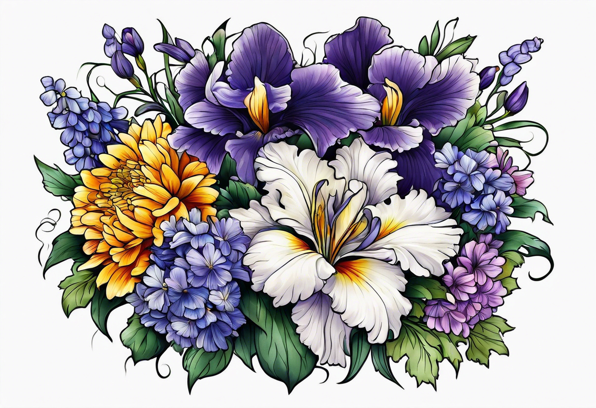 Flower bouquet filled with violets, irises and chrysanthemums tattoo idea