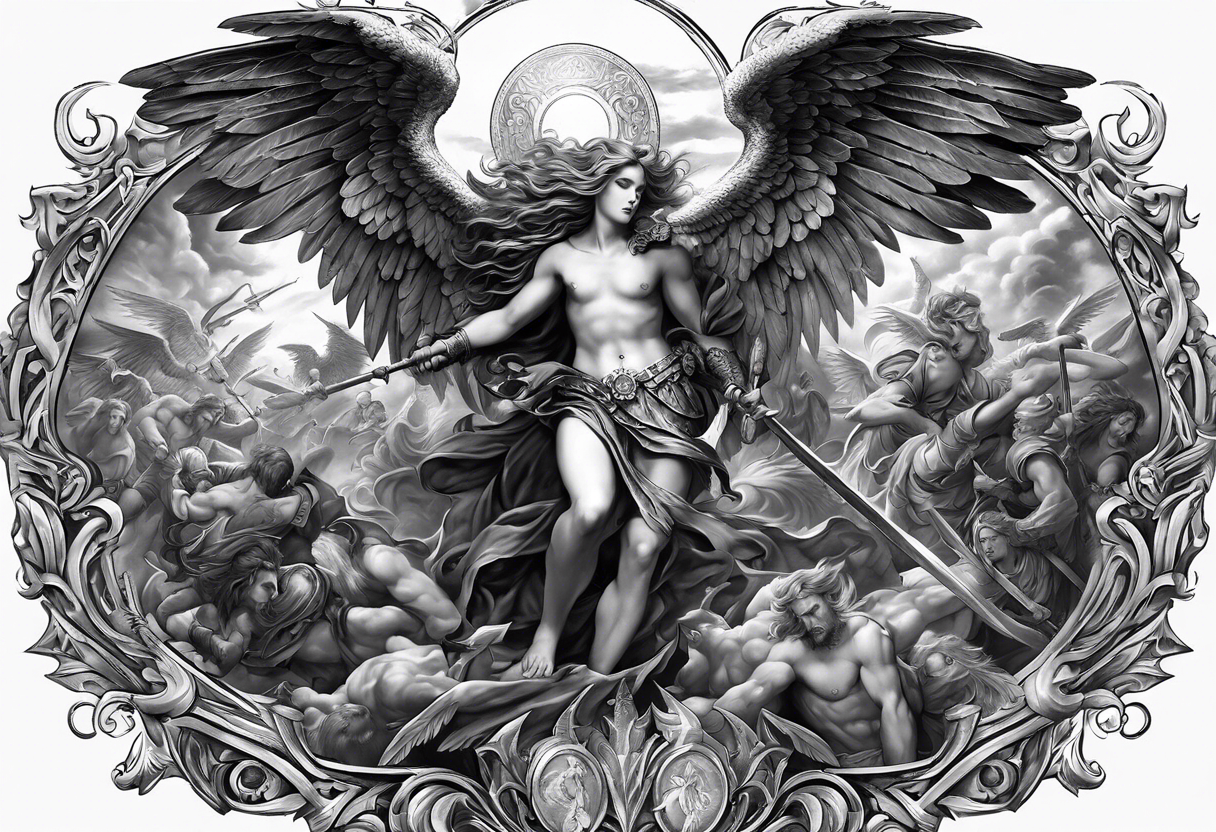 Full back piece depicting the war between angels above and demons below. Make the angels biblically accurate such as seraphim, ophanim, virtues, etc tattoo idea