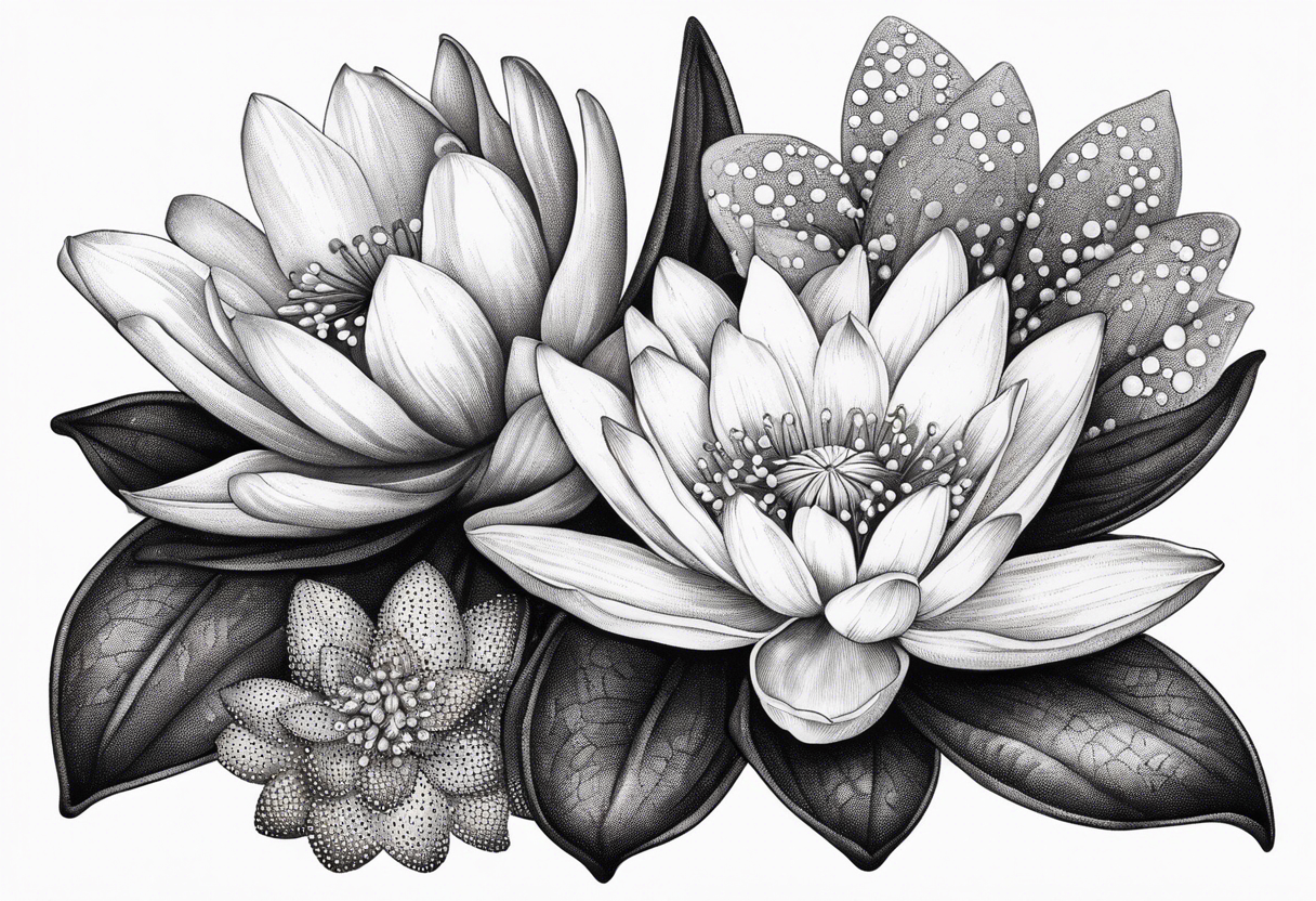 Water Lily, Lily of the Valley, Narcissus, and Gladiolus bouquet for vase tattoo idea