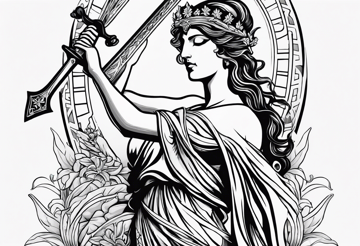 Themis (Greek Goddess of Justice), cutting her eyes with her sword. It is necessary to convey an atmosphere of greed and power. tattoo idea