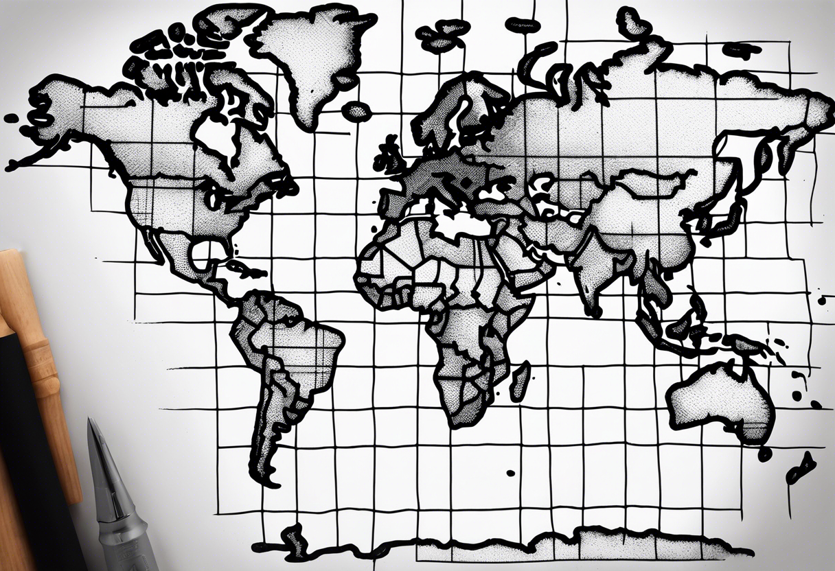 a flat map of the earth on a small fading grid with one small compass in the corner that would go on a left pec tattoo idea