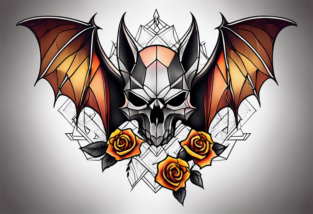 blackwork  Bat Knee tattoo in fall colors showing a large skull with a rose in the style tattoo idea