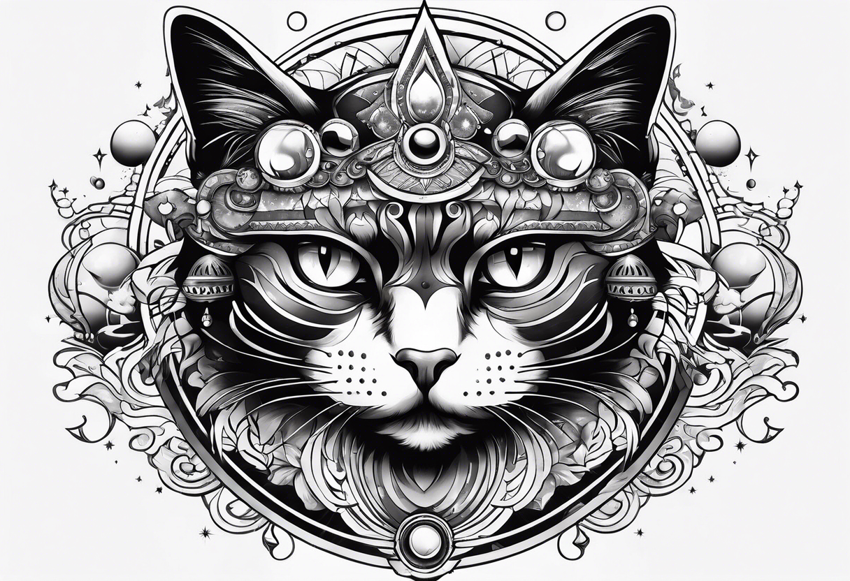 cat with an angry face surrounded by  planets tattoo idea