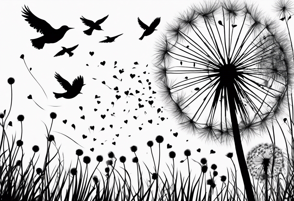 Dandelion, ligules blowing away, a few tiny hearts, little bird flying away to the future tattoo idea
